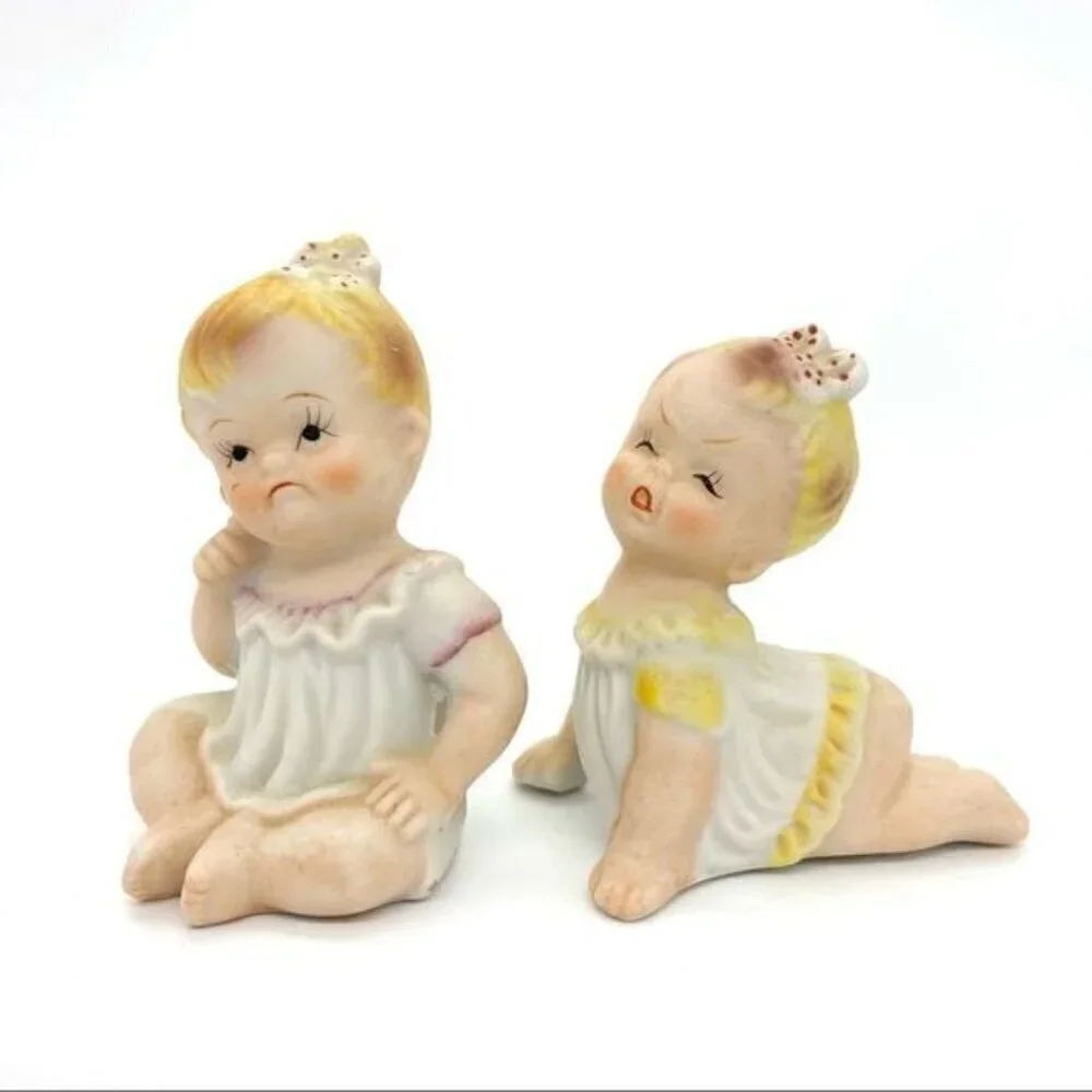 Vintage Porcelain Bisque Piano Baby Dolls Figurine Set Of 2